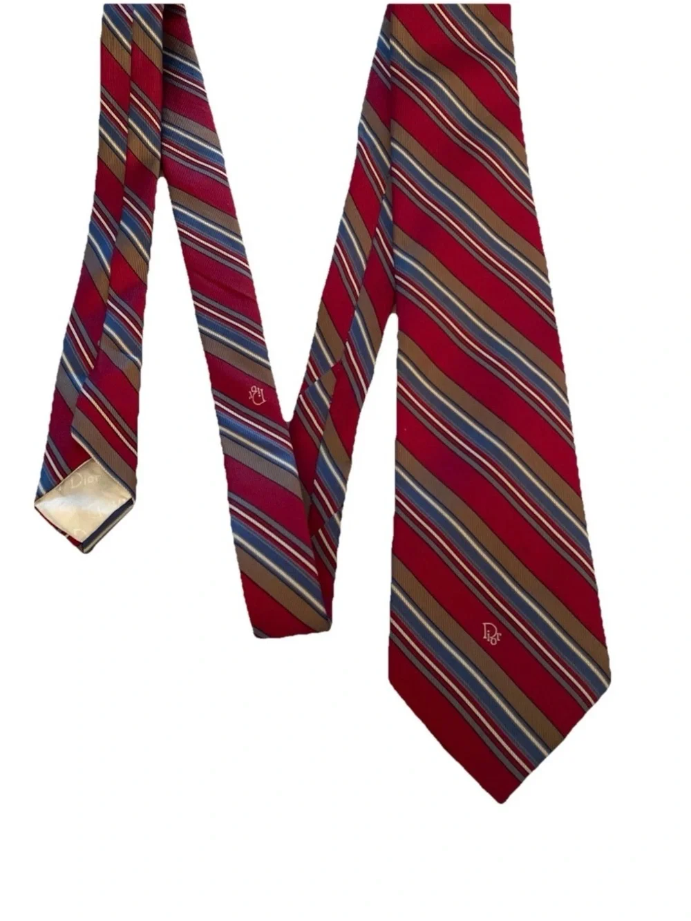 VTG Christian Dior Men’s Necktie Red White Blue Gray Stripe Logo Wording